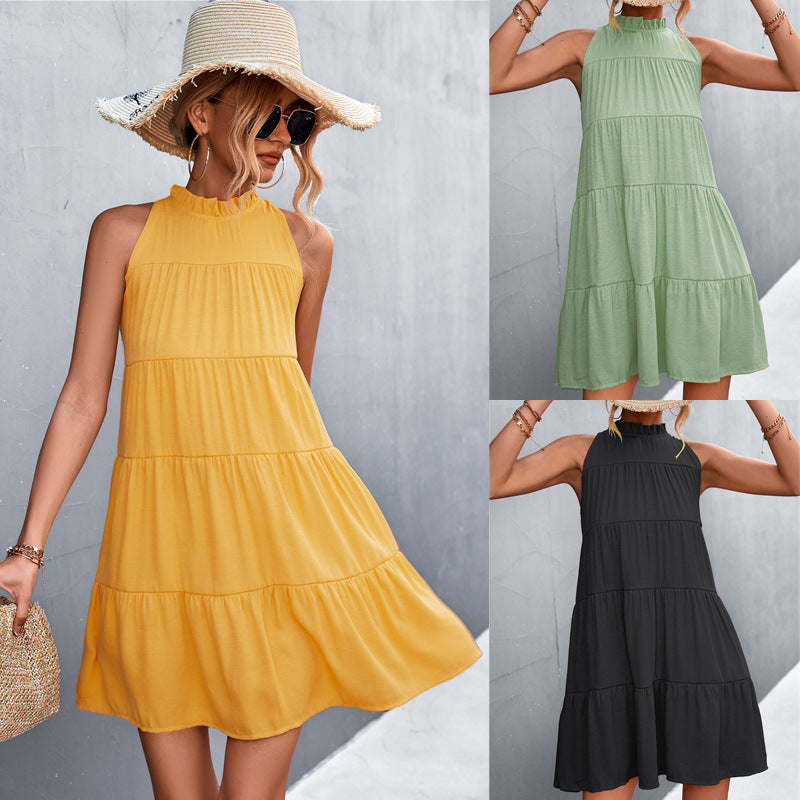 Damen Sommerliches Halterkleid mit Rüschen und schwingendem Rock Shopnory