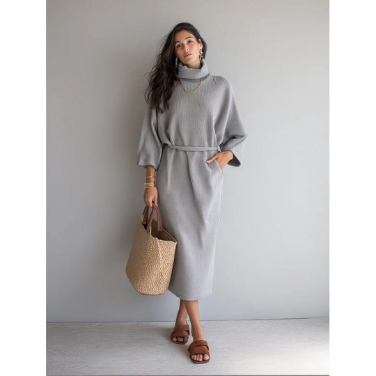 Damen Midikleid aus Rippstrick mit Rollkragen, Bindegürtel und Eingrifftaschen Shop Nory