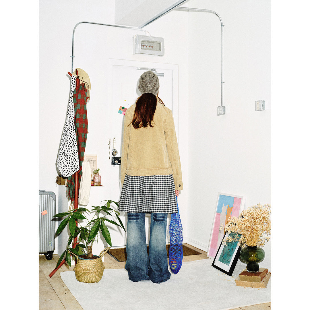 Damen Kurz geschnittene Cordjacke mit Fransenabschlüssen, Hemdkragen und Pattentaschen Shop Nory