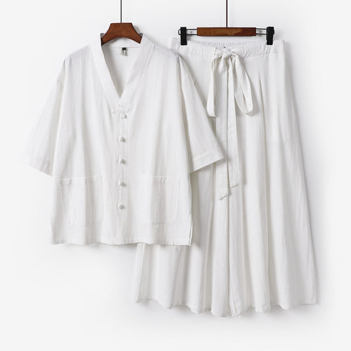 Damen Zweiteiliges Kimono-Lounge-Set mit Kurzarm-Knopfjacke, aufgesetzten Taschen und weiten Palazzo-Hosen Shop Nory