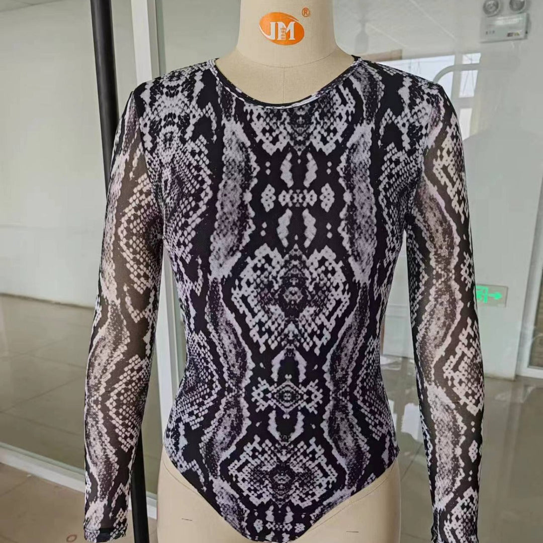 Damen Langarm Körperbadeanzug mit Schlangenprint