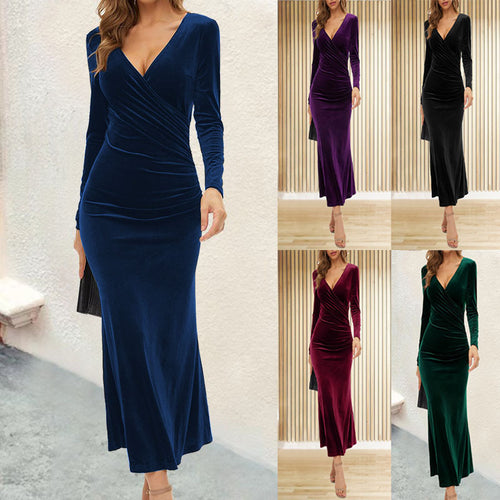 Damen Figurbetontes Samt-Maxikleid mit Wickeloberteil und langen Ärmeln Shop Nory