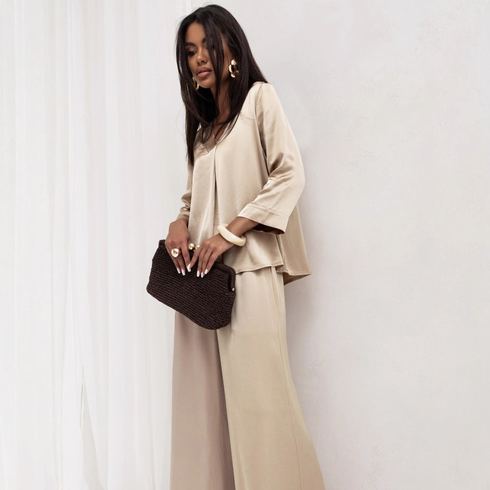 Damen elegantes Satin-Loungewear-Set mit weitem Schnitt und klassischem Revers Shopnory