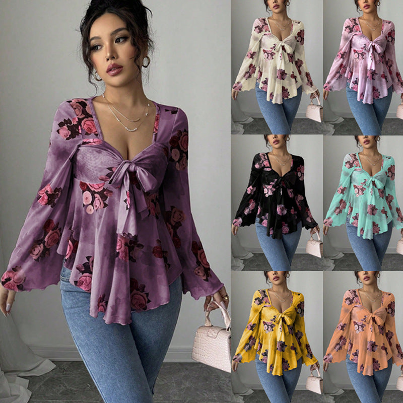Damen Transparente Chiffon-Babydoll-Bluse mit Knotenfront und floralem Allover-Print Shop Nory