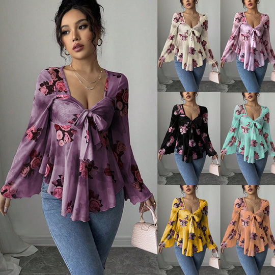 Damen Transparente Chiffon-Babydoll-Bluse mit Knotenfront und floralem Allover-Print Shop Nory