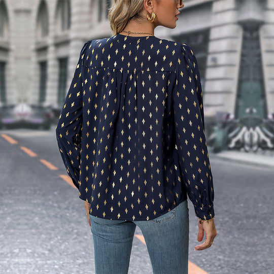 Damen Locker fallende Viskose‑Feinbluse mit Stehkragen, V‑Ausschnitt und Balloonärmeln Shop Nory