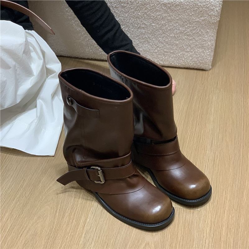 Damen Slouchy Bikerstiefeletten mit verstellbarem Schnallenriemen und runder Zehenform Shop Nory