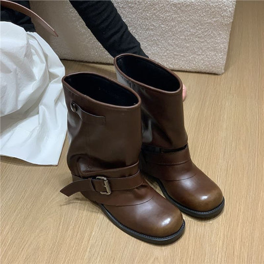 Damen Slouchy Bikerstiefeletten mit verstellbarem Schnallenriemen und runder Zehenform Shop Nory