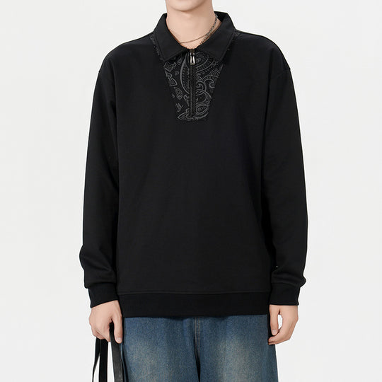 Herren Lockeres Sweatshirt mit Polokragen, halbem Reißverschluss und Paisley-Besatz Shop Nory
