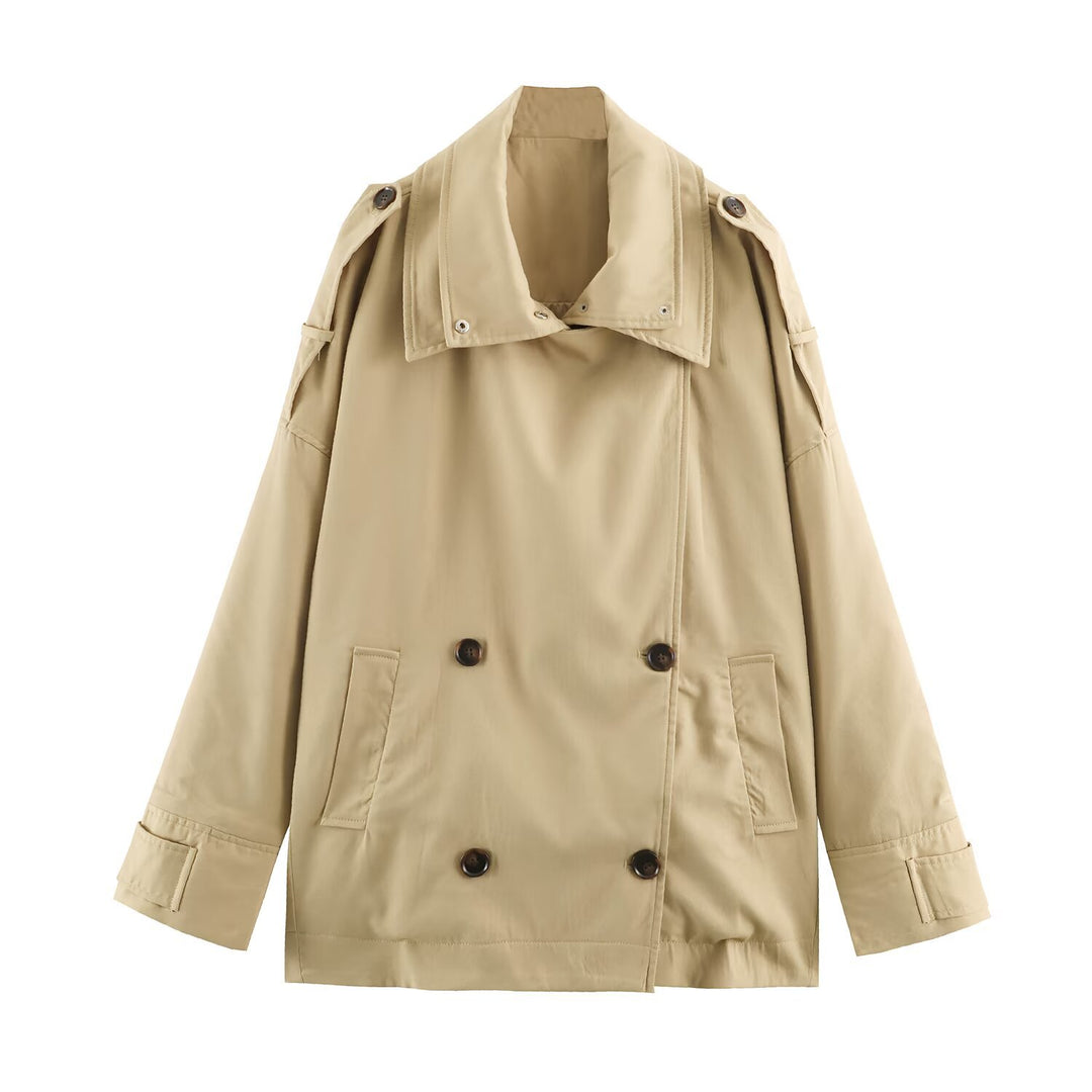 Damen Kurztrenchjacke im Oversize-Schnitt mit doppelter Knopfreihe und Schulterriegeln Shop Nory