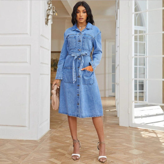 Damen Midikleid aus Denim mit Taillengürtel und durchgehender Knopfleiste Shop Nory