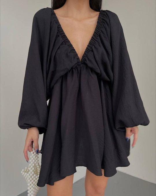 Damen Lockeres Minikleid mit tiefem V-Ausschnitt und Ballonärmeln Shop Nory