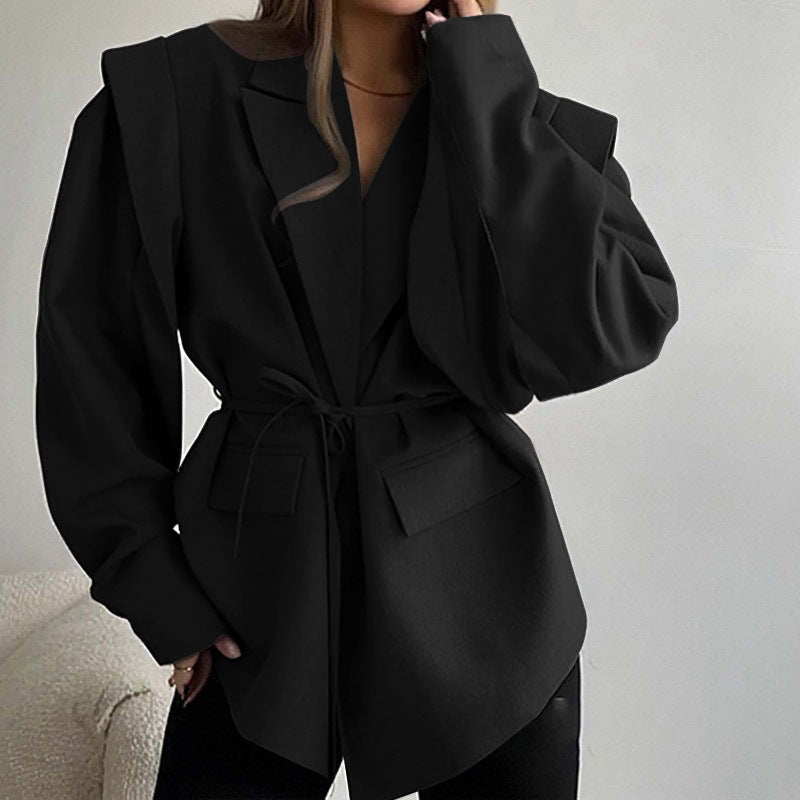 Damen Taillierter Wickelblazer mit Schulterpolstern und Bindegürtel Shop Nory