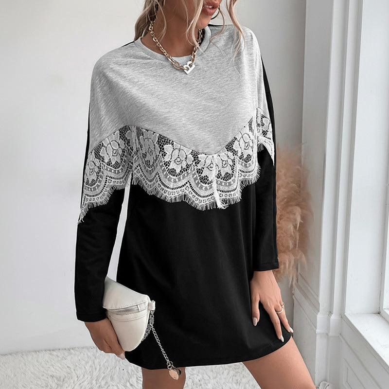 Damen Sweatkleid im Colorblock‑Stil mit Spitzen‑V‑Passe und gerundetem Saum Shop Nory