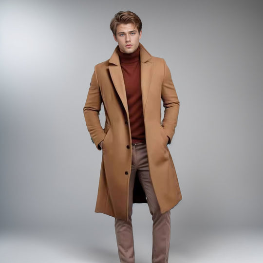 Herren Langer taillierter Wollmantel mit Reverskragen und Pattentaschen Shop Nory