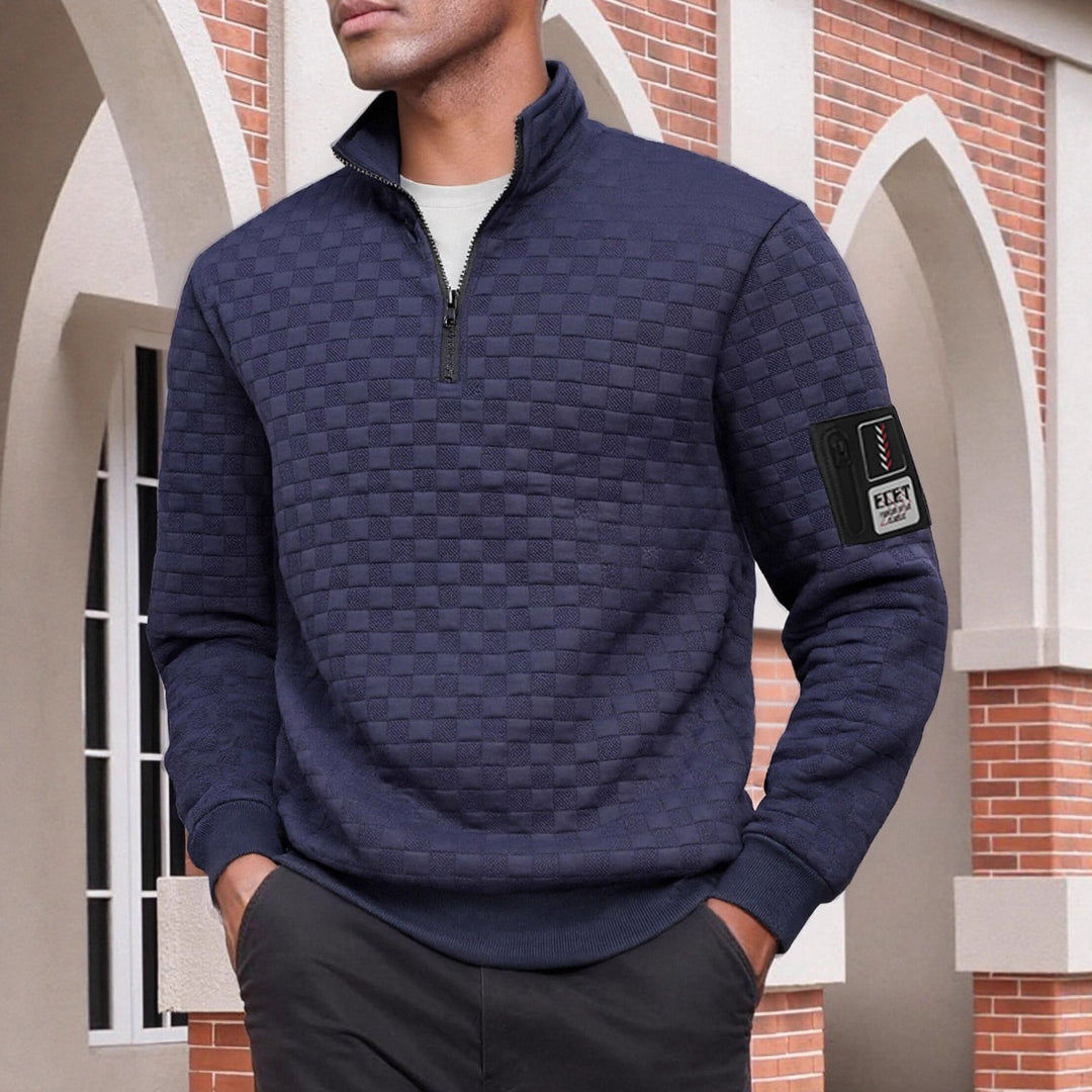 Herren strukturierter Stehkragen-Halbzip-Pullover mit Karosteppung, elastischen Bündchen und Ärmel-Patch Shop Nory