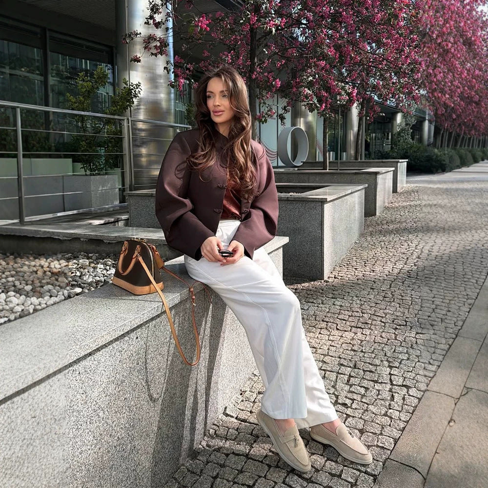 Damen Kurzgeschnittener kastiger Blazer mit Stehkragen und chinesischen Knotenknöpfen Shop Nory
