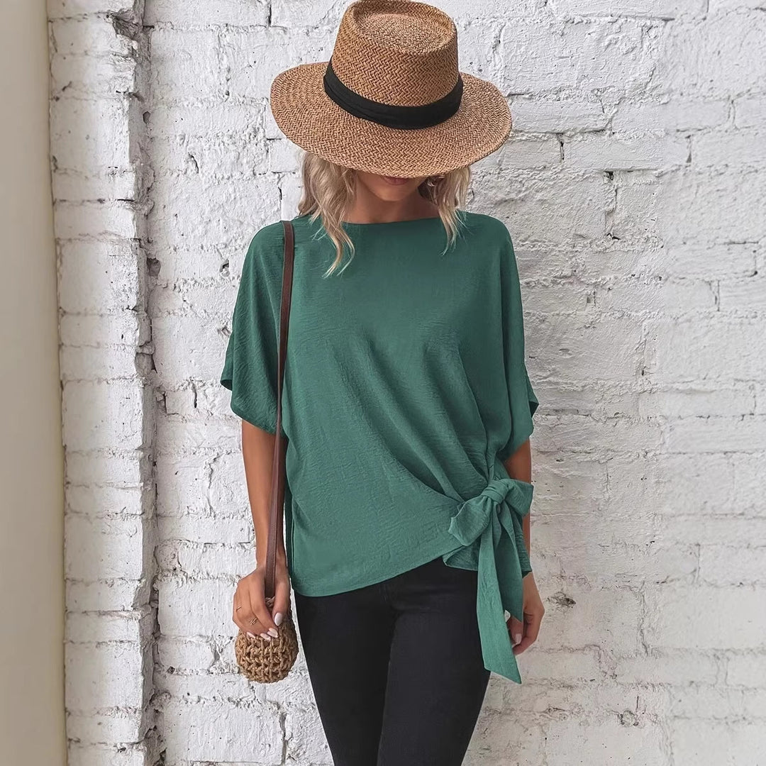 Damen Oversize Kurzarm-Top mit seitlicher Schleife und Crinkle-Struktur Shop Nory