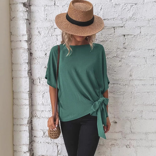 Damen Oversize Kurzarm-Top mit seitlicher Schleife und Crinkle-Struktur Shop Nory