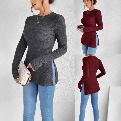 Damen Gerippter Taillierter Feinstrick-Pullover mit Stehkragen, langen Ärmeln und Seitenschlitzen Shop Nory