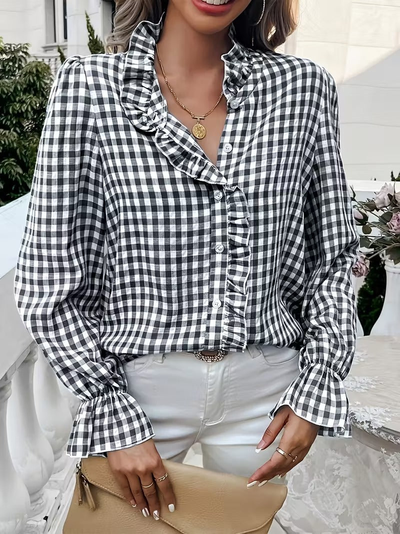 Damen karierte Rüschenbluse mit Volantkragen und langen Manschetten Shop Nory