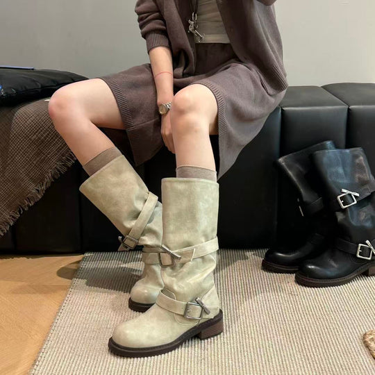Damen modische Stiefel mit verstellbaren Riemen und komfortablem Blockabsatz