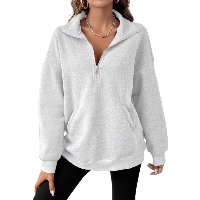 Damen Oversize Sweatshirt mit halbem Reißverschluss, Kängurutasche und Stehkragen Shop Nory
