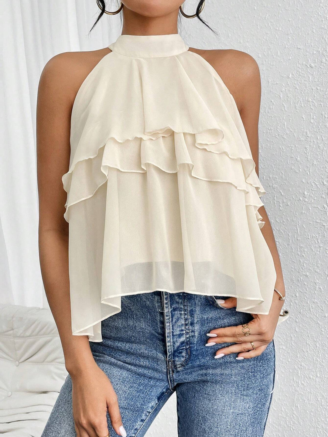 Damen Luftiges Chiffon-Top mit Stehkragen und mehrlagigen Volants Shop Nory