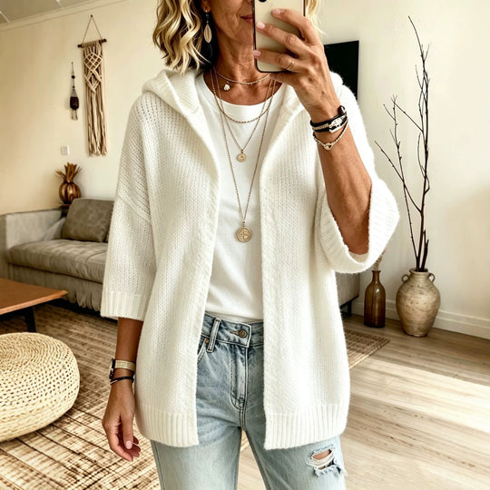 Damen Kapuzen-Longcardigan aus grobem Strick mit 3/4-Ärmeln und offener Front Shop Nory