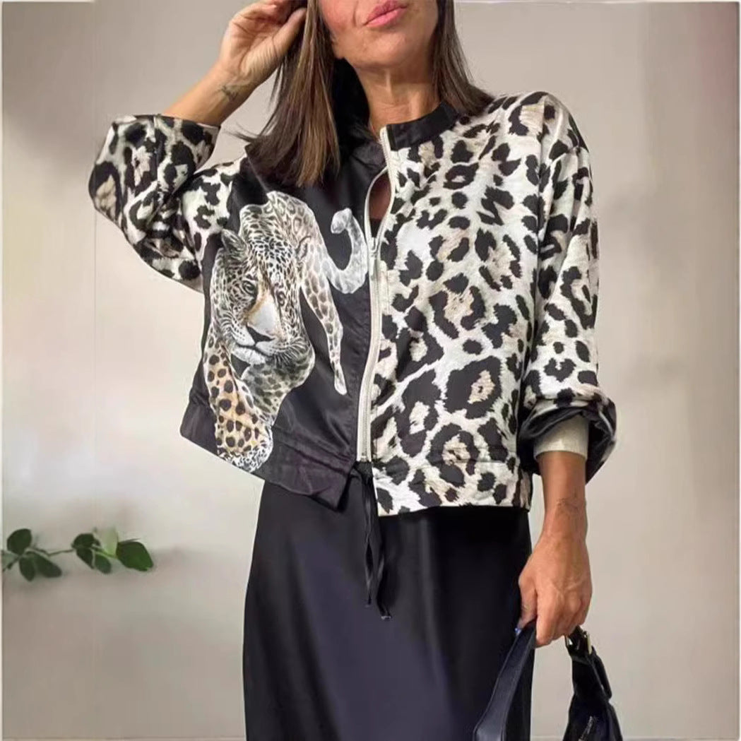 Damen entspannte Bomberjacke mit extravagantem Leoparden-Motiv