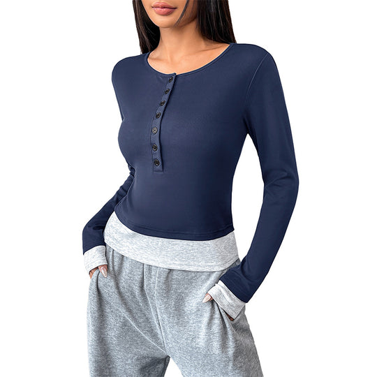 Damen Langärmeliges Crop-Shirt mit Henley-Knopfleiste, Figurbetonter Stretch-Passform und Daumenloch Shop Nory