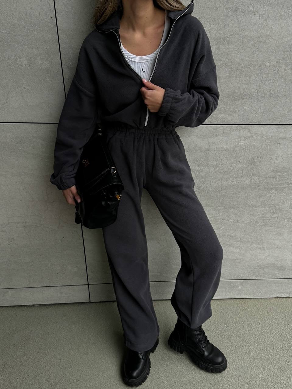 Damen Lässiger Fleece-Hausanzug mit Zip-Kapuze und elastischem Taillenbund Shop Nory
