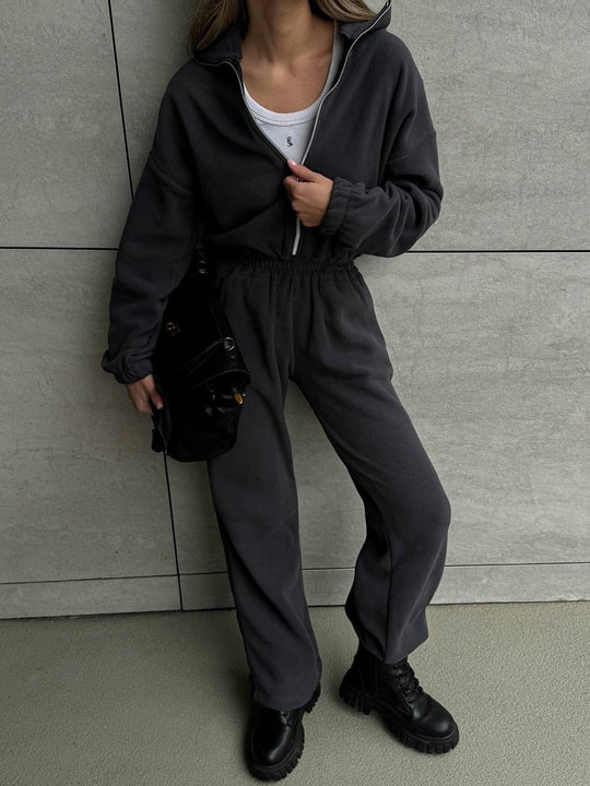 Damen Lässiger Fleece-Hausanzug mit Zip-Kapuze und elastischem Taillenbund Shop Nory