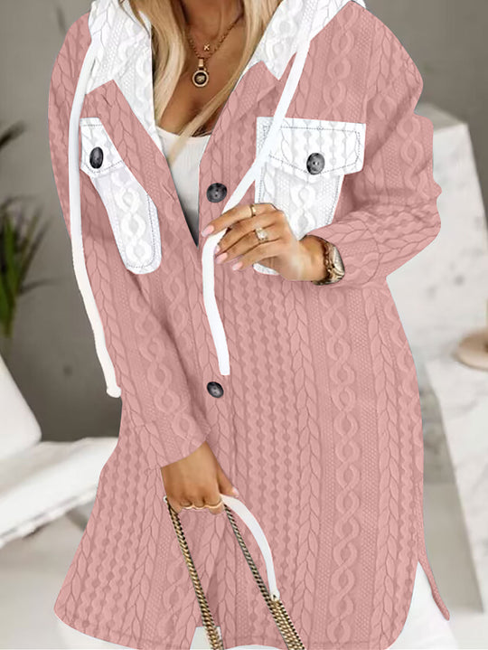 Damen Longline-Strickmantel mit Kapuze, Zierknöpfen und Kontrasttaschen Shop Nory
