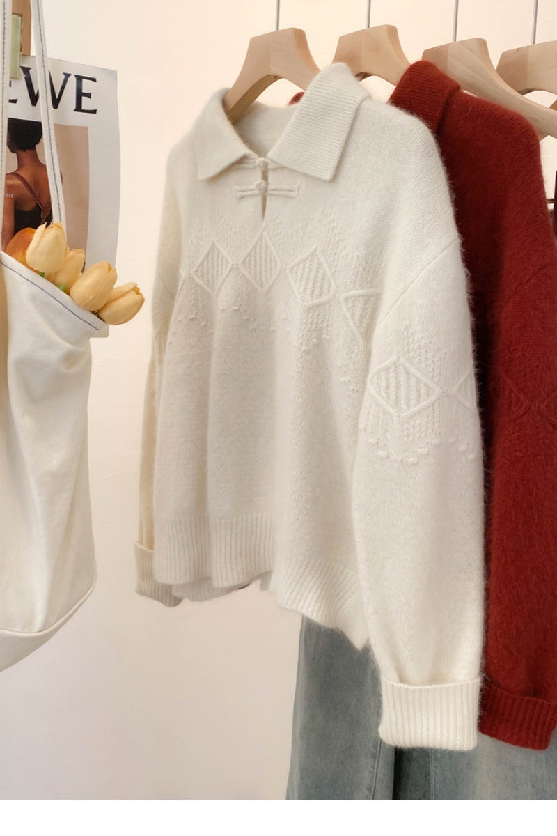 Damen Polokragen-Pullover im Mohair‑Look mit Ajour‑Zopfmuster, überschnittener Schulter und weiter Silhouette Shop Nory