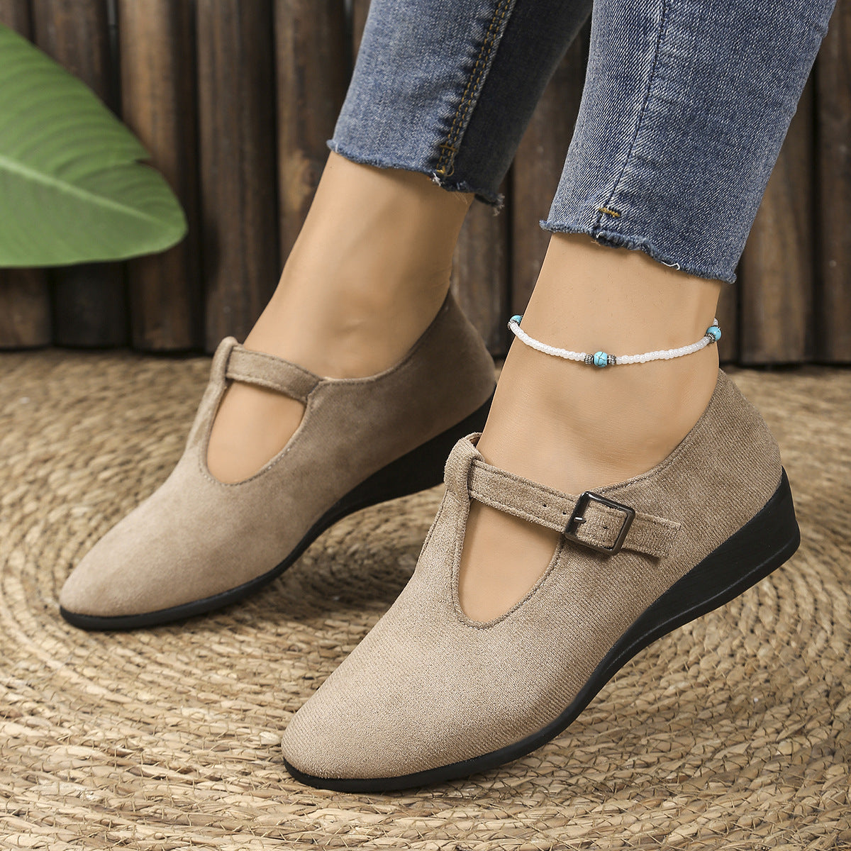 Damen Wedge-Mokassins mit seitlichem Riemen und ergonomischem Fußbett