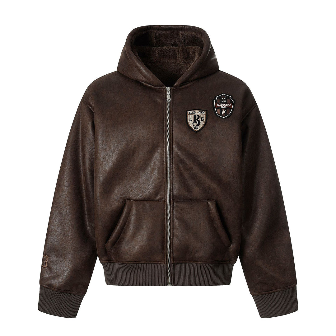 Herren Kapuzen-Lederblouson mit Teddyfutter und Rippbündchen Shop Nory