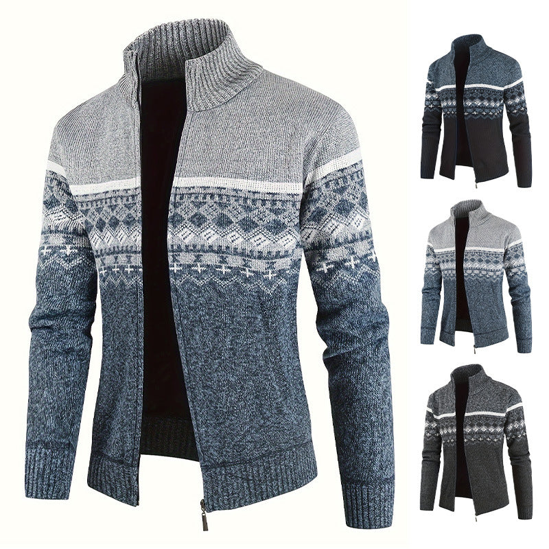 Herren Thermo-Strickjacke mit Stehkragen und Reißverschluss Norwegerstrick Fleece-gefüttert Shop Nory