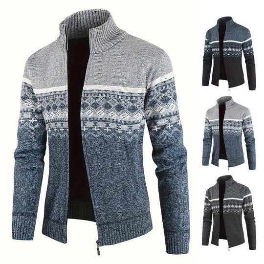 Herren Thermo-Strickjacke mit Stehkragen und Reißverschluss Norwegerstrick Fleece-gefüttert Shop Nory