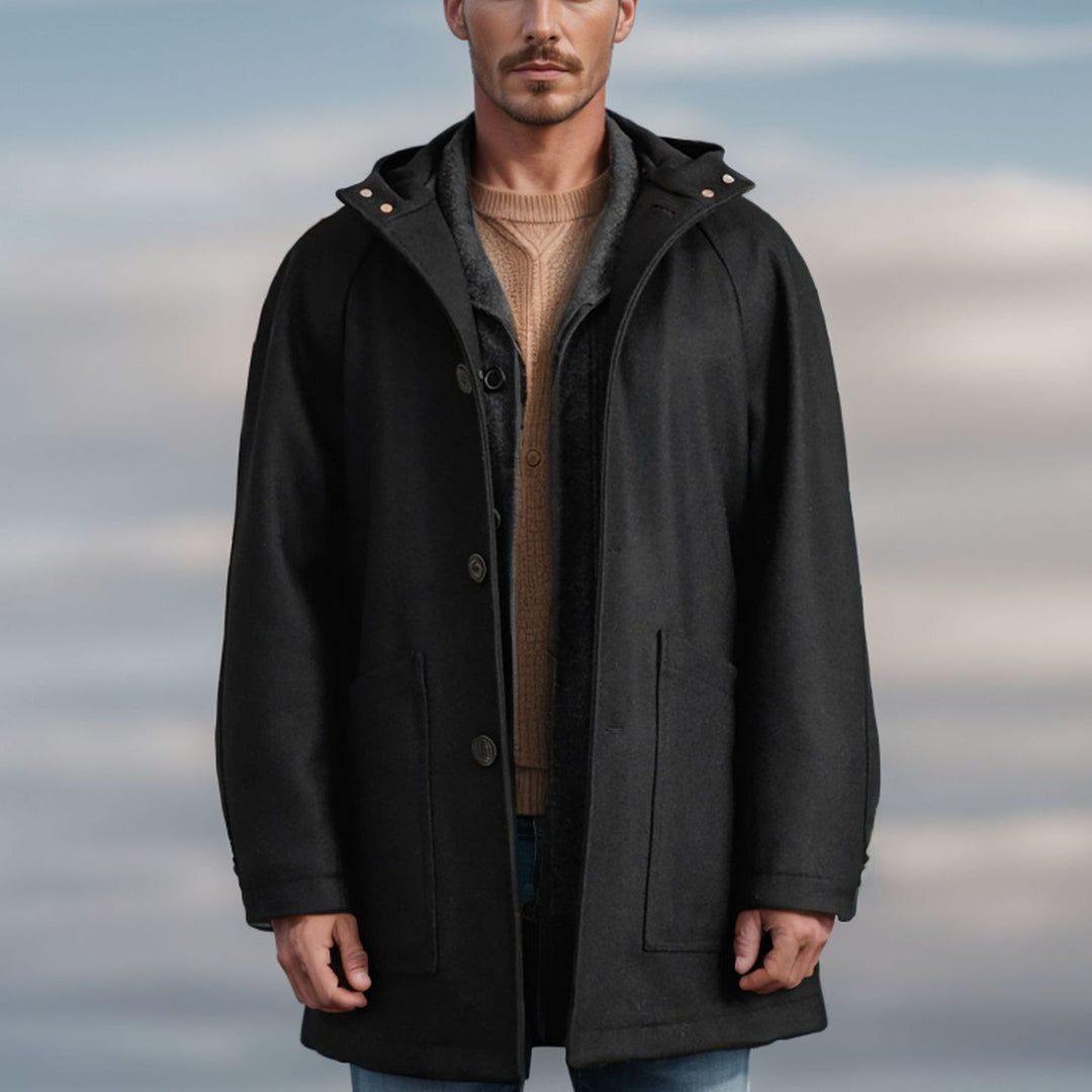 Herren Kapuzenmantel aus Wollmix mit gerader Silhouette, verdeckter Knopfleiste und großen Aufgesetzten Taschen Shop Nory