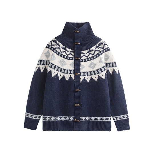 Damen Norwegermuster Strickcardigan mit hohem Stehkragen und Knebelverschlüssen Shop Nory