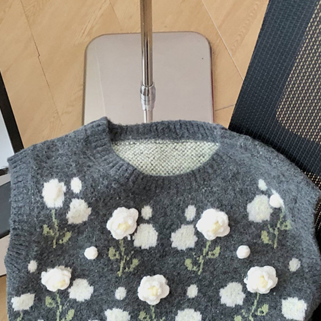 Damen Modischer Strickpullover mit Blumenapplikationen Shop Nory
