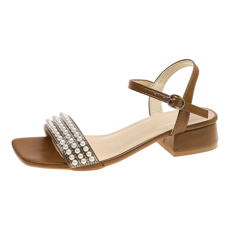 Damen elegante Sandalen mit Perlenverzierung und niedrigem Blockabsatz