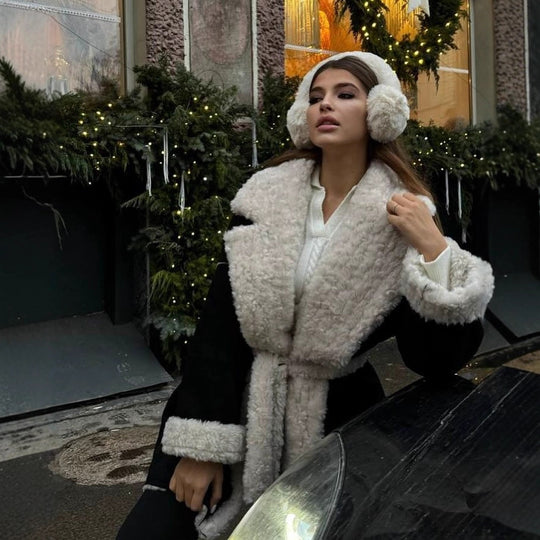 Damen Kurzer Oversized Wintermantel mit Teddy-Futter und Taillengürtel Shop Nory