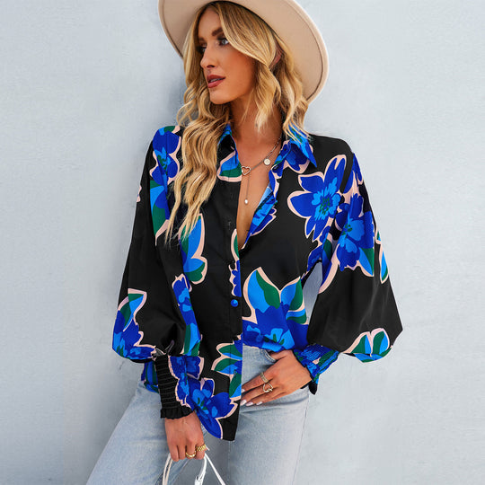 Damen nan lockere Hemdbluse mit floralem Alloverprint, Seidenoptik, smockärmeln und geknöpfter Vorderleiste Shop Nory