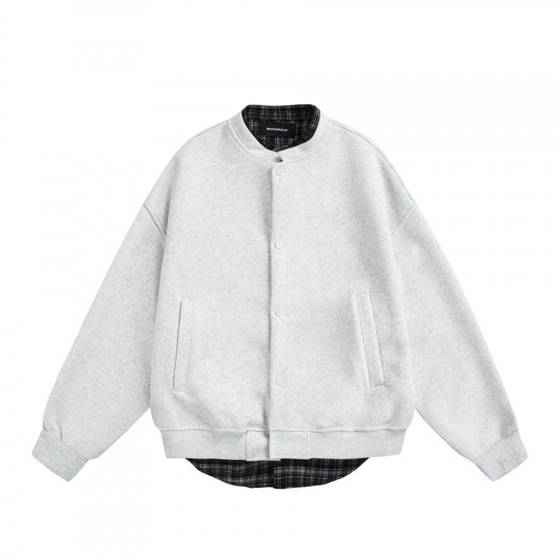 Herren Oversize-Sweatjacke im College‑Stil mit verdeckter Druckknopfleiste und kariertem Innenfutter Shop Nory