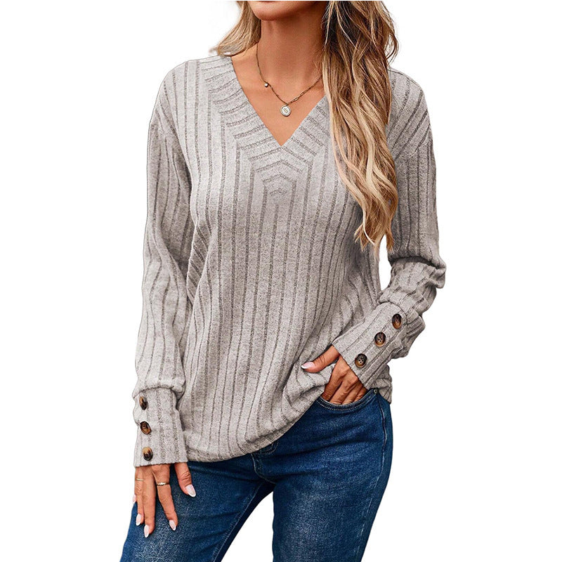 Damen Gerippter V-Ausschnitt Strickpullover mit Knopfmanschetten Shop Nory