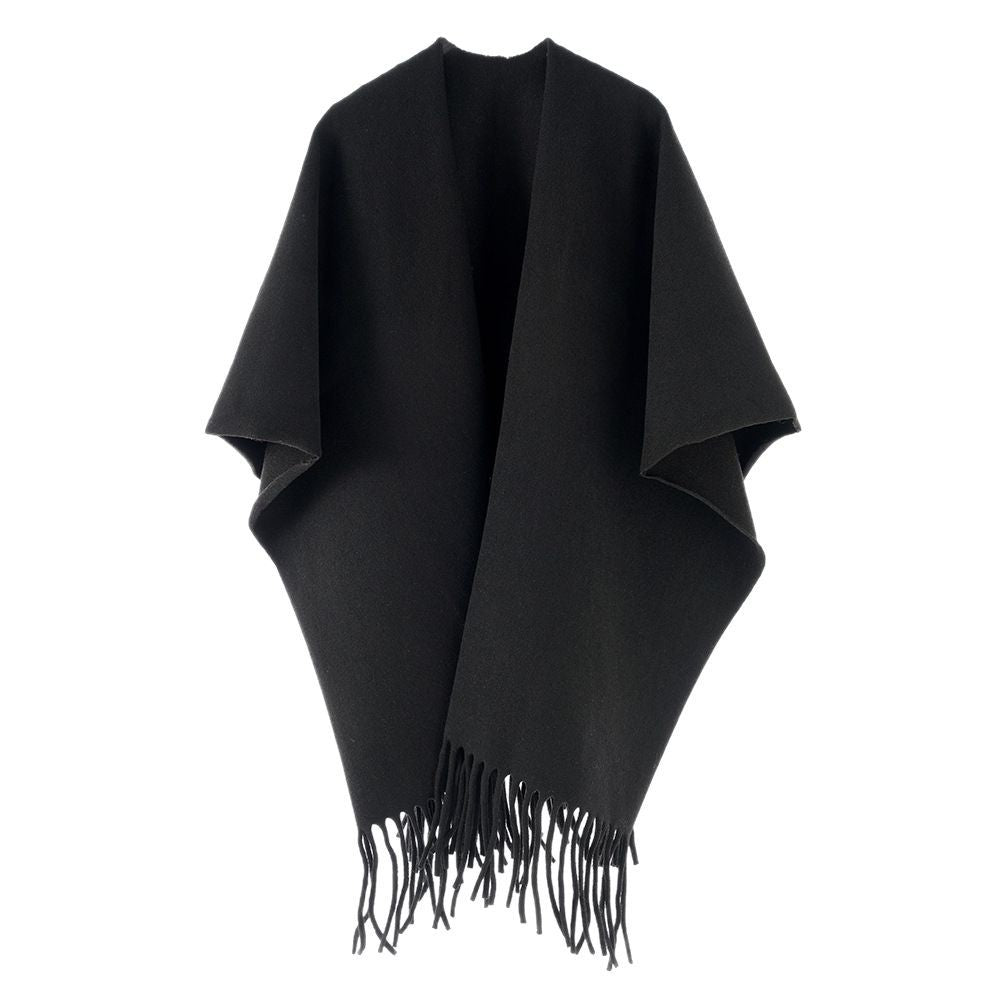 Damen Minimalistischer Wollcape-Überwurf mit Fransensaum und offenem Fall Shop Nory