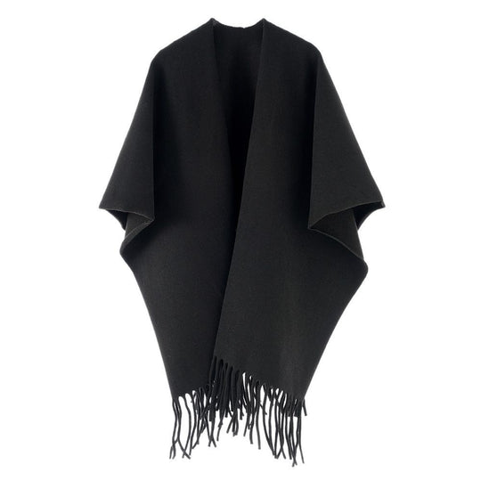 Damen Minimalistischer Wollcape-Überwurf mit Fransensaum und offenem Fall Shop Nory