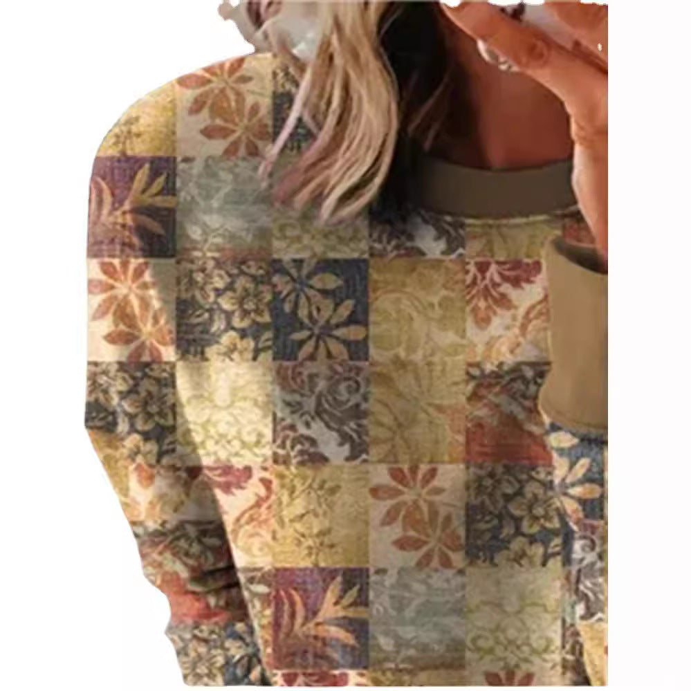 Damen Langarmshirt im Patchwork-Quilt-Design mit weichem Rundhalsausschnitt und kontrastierenden Bündchen Shop Nory